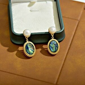 Gold Drop Earrings with White Pearl and Iridescent Abalone Oval